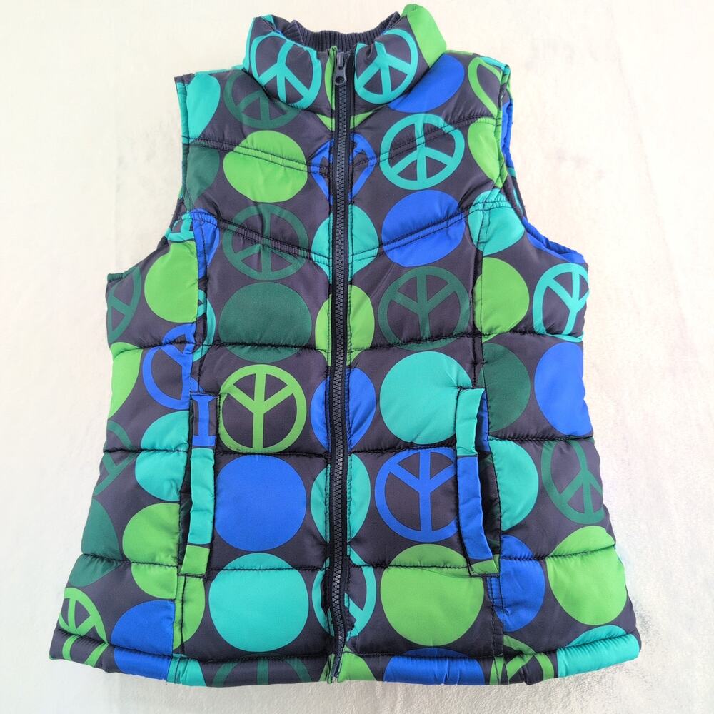 Old Navy Girls Size Large Puffer Vest Blue Green Peace Signs Zip Front KidCore